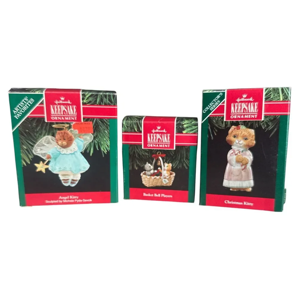 Lot 3 Hallmark Keepsake Cat Ornaments Angel Kitty Christmas Kitty Basket Bell